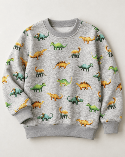 Image of cotton-lined knit fabric | Alpen fleece dinosaurs on grey – available online at Šarlotes audumi
