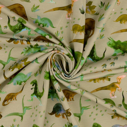 Image of cotton jersey with dinosaurs – available online at Šarlotes audumi