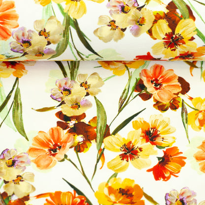 Cotton knit fabric - yellow flowers 220 g/m²