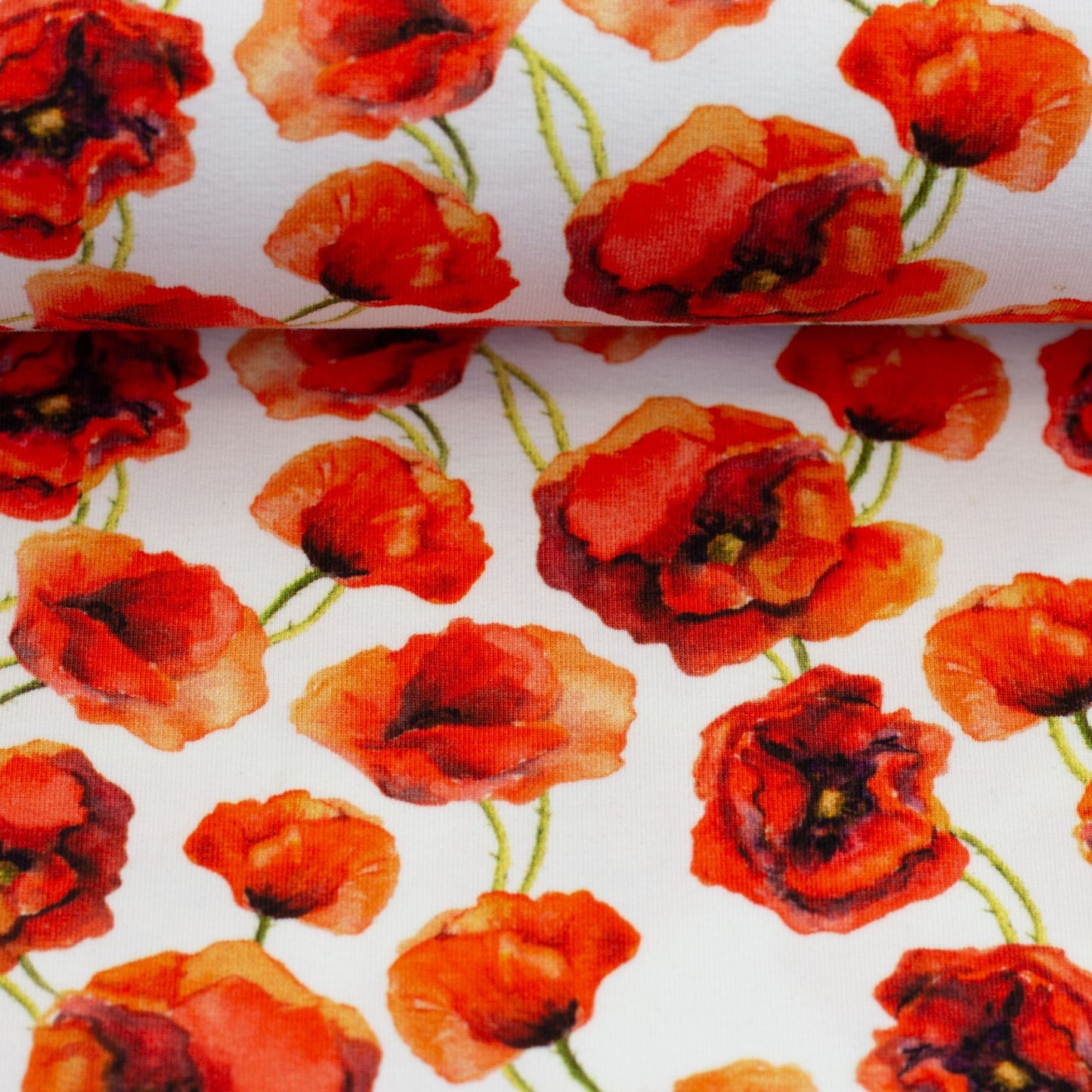 Bild mit Baumwoll-Jersey mit Mohnblumen 210 g/m² – online erhältlich bei Šarlotes audumi
