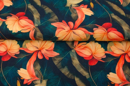 Cotton jersey - orange tropical flowers 250 g/m²