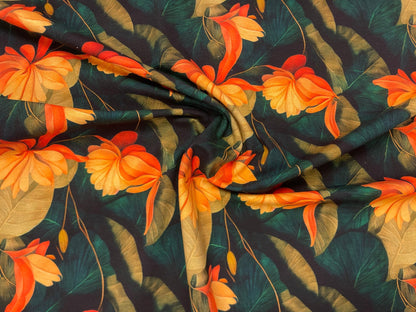Cotton jersey - orange tropical flowers 250 g/m²