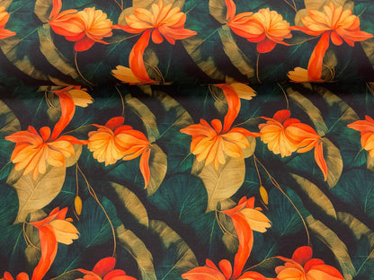 Cotton jersey - orange tropical flowers 250 g/m²