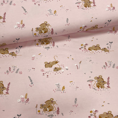 Jersey de coton - petites souris sur fond rose poudré 220 g/m²