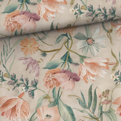 Cotton knit fabric - flowers on a beige background 200 g/m²