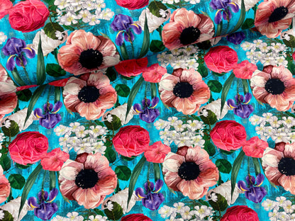 Cotton jersey - roses and irises 200 g/m²