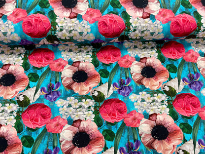Cotton jersey - roses and irises 200 g/m²