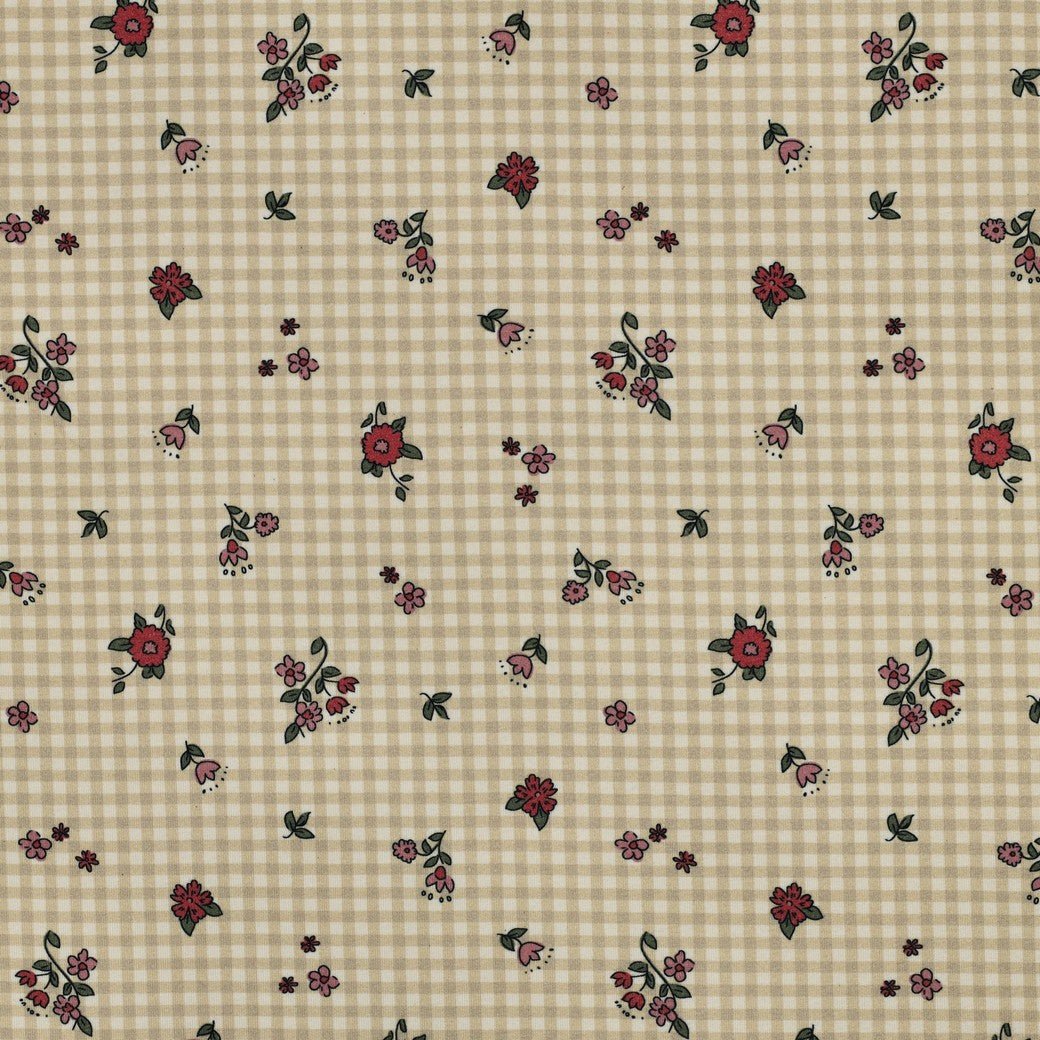 Image with cotton knit fabric - tiny flowers on a checkered background 220 g/m² (GOTS certified) – available at Šarlotes audumi