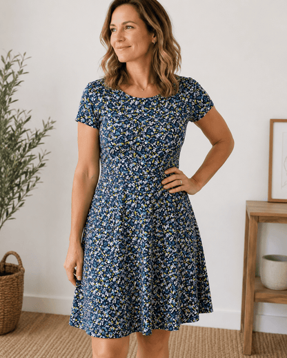 Image of cotton jersey with delicate flowers on a dark blue background – available online at Charlotte’s Fabrics