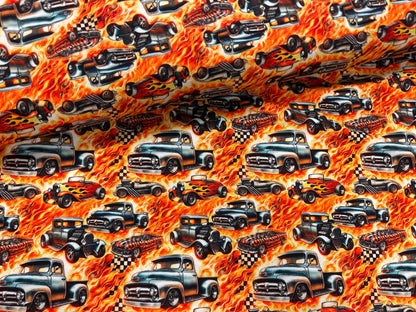 Cotton jersey - fiery cars 200 g/m²