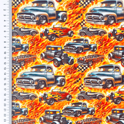 Cotton jersey - fiery cars 200 g/m²