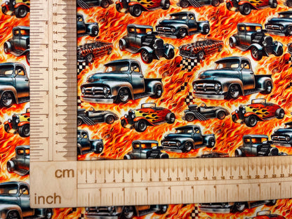 Cotton jersey - fiery cars 200 g/m²