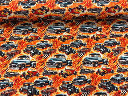 Cotton jersey - fiery cars 200 g/m²