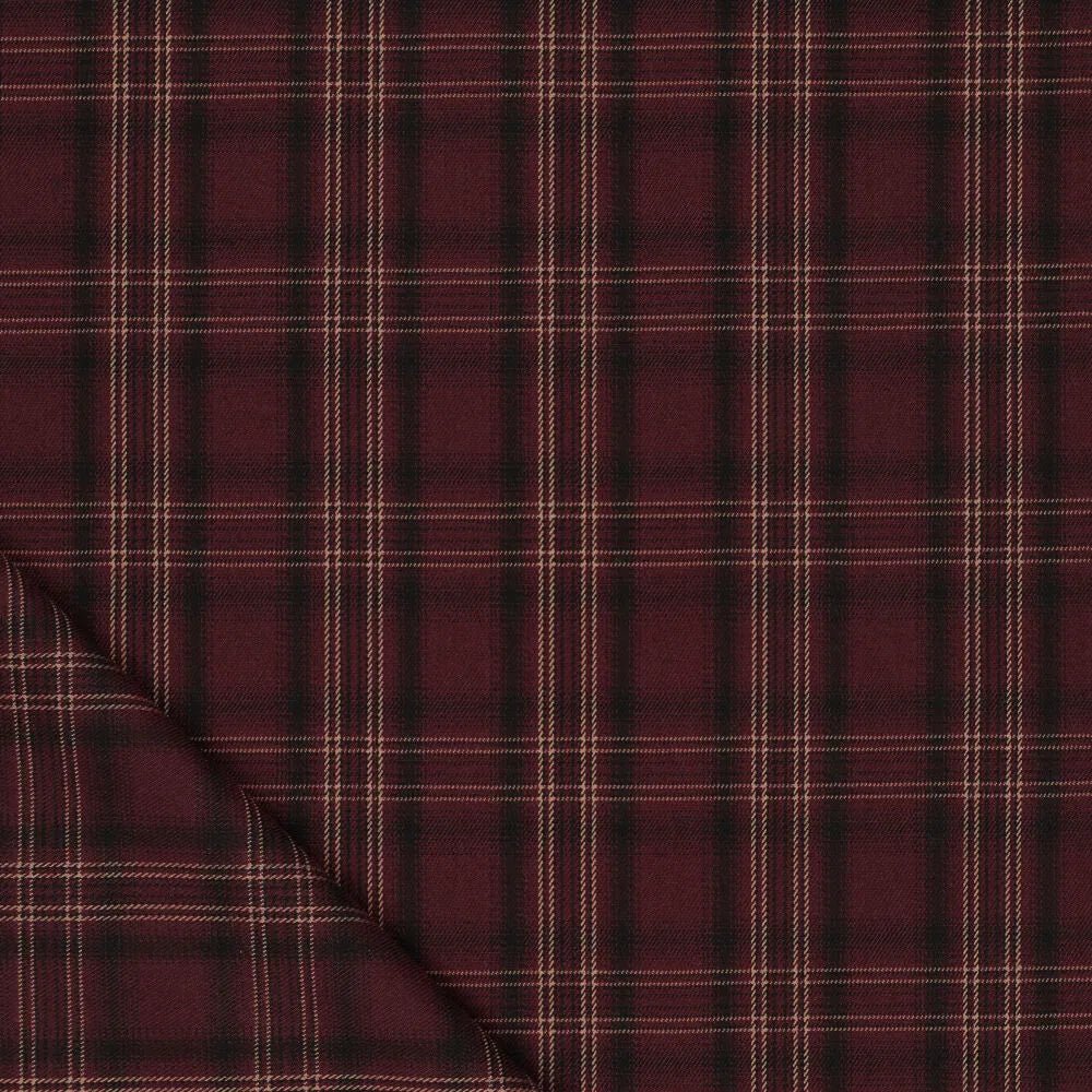 Image du tissu de costume à carreaux bordeaux – disponible en ligne chez Šarlotes audumi