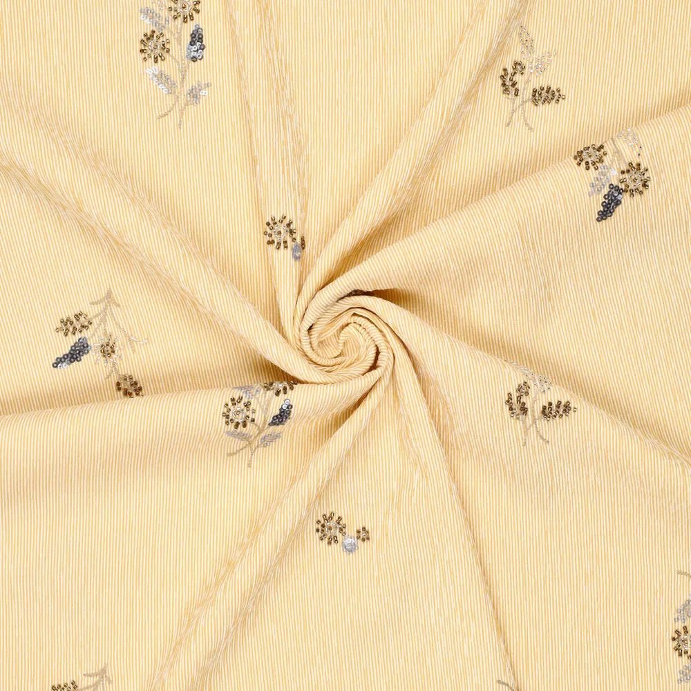 Image with shirt fabric with elastane - yellow striped with embroidered beads 135 g/m² – available at Šarlotes audumi