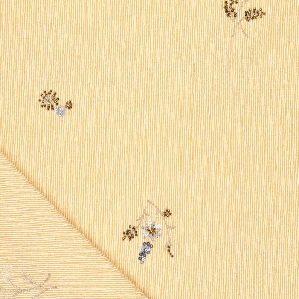 Image with shirt fabric with elastane - yellow striped with embroidered beads 135 g/m² – available at Charlote's Fabrics