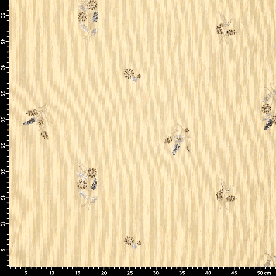 Image of shirt fabric with elastane - yellow striped with embroidered beads 135 g/m² – available at Šarlotes audumi