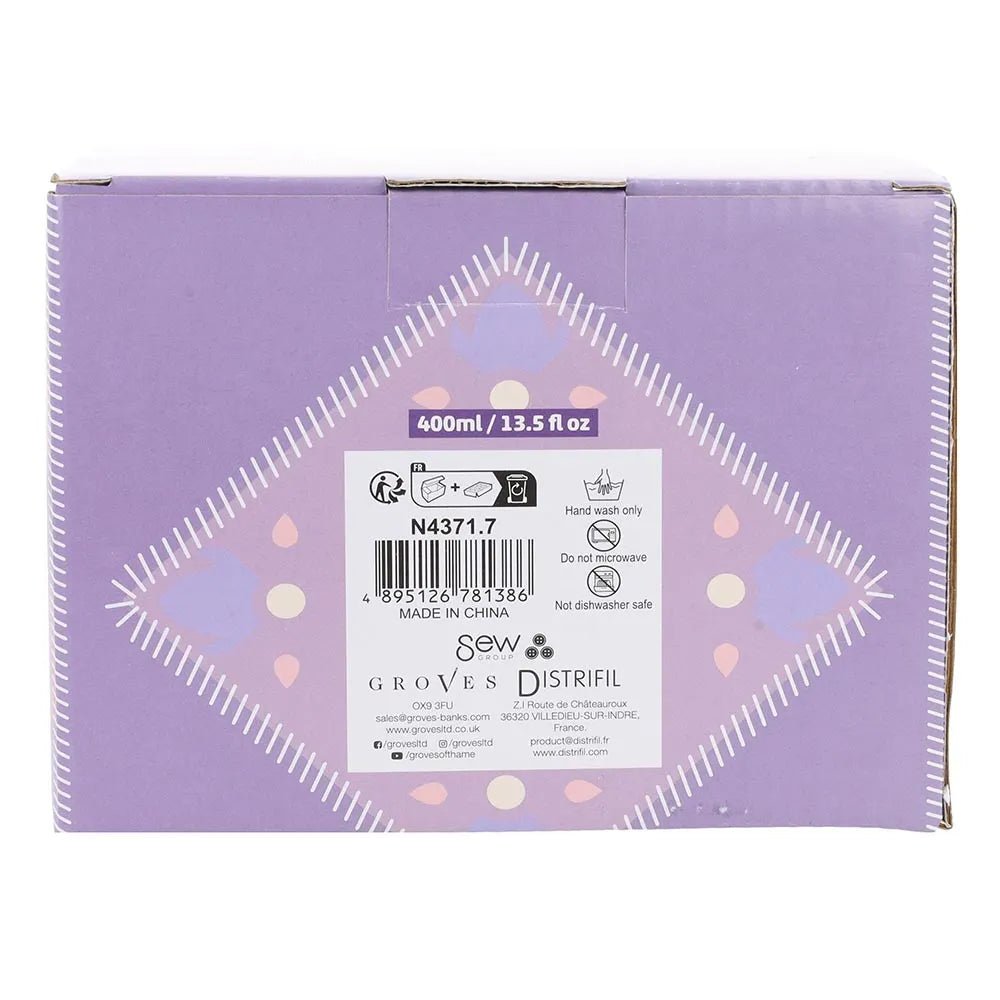 Image of a mug with a rotary cutter handle, 500 ml, purple Sew Tasty – available at Charlotte's Fabrics