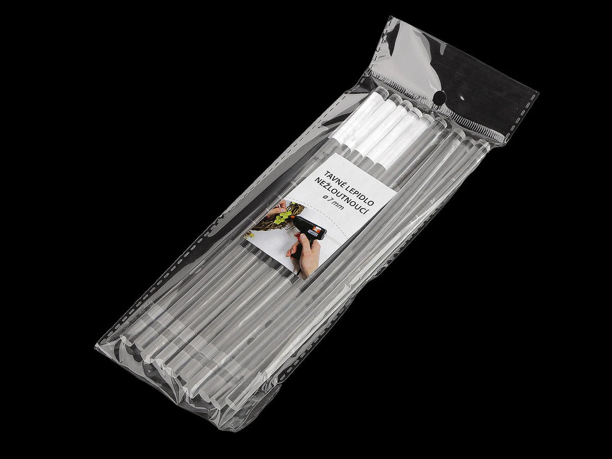 Glue gun sticks 7 mm × 20 cm, transparent, non-yellowing, 10 pcs – available online at Šarlotes audumi