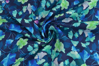 Image of linen with cotton - leaves on a blue background 170 g/m² – available at Šarlotes audumi
