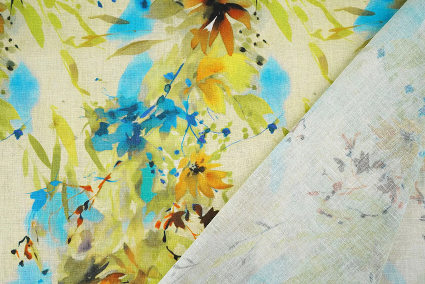 Bild mit Leinen-Baumwolle – Blumenmuster 170 g/m² | leichter, atmungsaktiver Stoff für Kleidung und Zuhause – erhältlich bei Šarlotes audumi