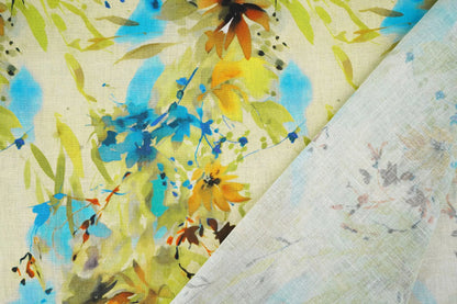Bild mit Leinen-Baumwolle – Blumenmuster 170 g/m² | leichter, atmungsaktiver Stoff für Kleidung und Zuhause – erhältlich bei Šarlotes audumi