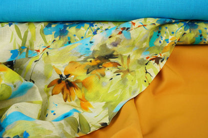 Bild mit Leinen und Baumwolle – Blumenmuster 170 g/m² | leichter, atmungsaktiver Stoff für Kleidung und Zuhause – erhältlich bei Šarlotes audumi