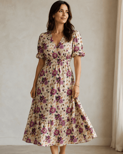Image of linen with viscose, autumn floral watercolor – available online at Charlotte's Fabrics