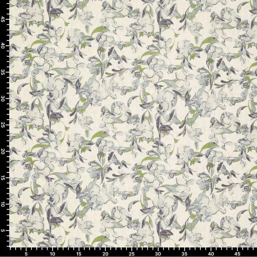 Image of linen with viscose - blue-green leaf motif 120 g/m² – available at Šarlotes audumi