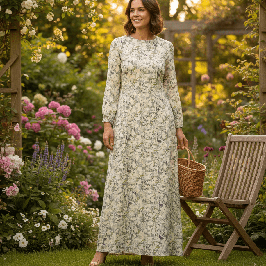 Image of linen with viscose - blue-green leaf motif 120 g/m² – available at Charlotte's Fabrics