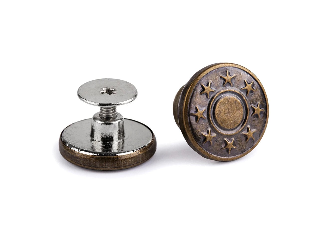 Image de bouton à vis pour jean en métal Ø17 mm – disponible chez Šarlotes audumi