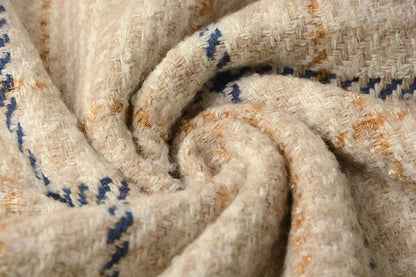 Tissu pour manteaux bouclé, à carreaux crème avec laine 500 g/m²