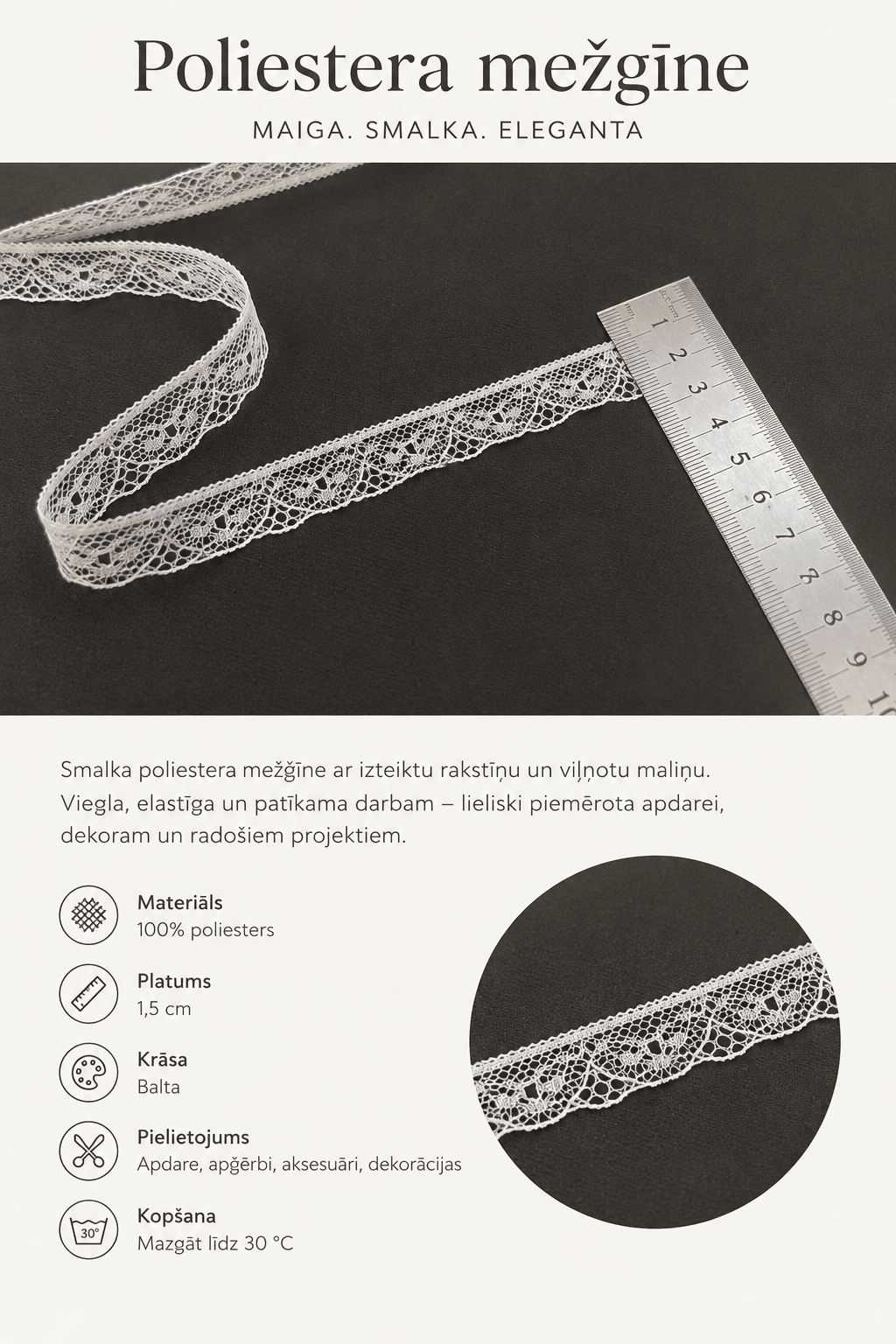 Dentelle fine blanche 1,6 cm – disponible en ligne Šarlotes audumi