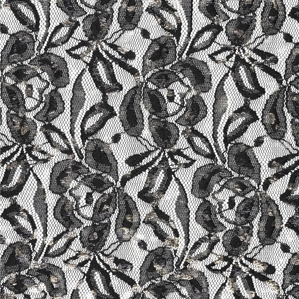 Image du tissu en dentelle “Lauren Foil Lace” noir 140 g/m², disponible chez Šarlotes audumi