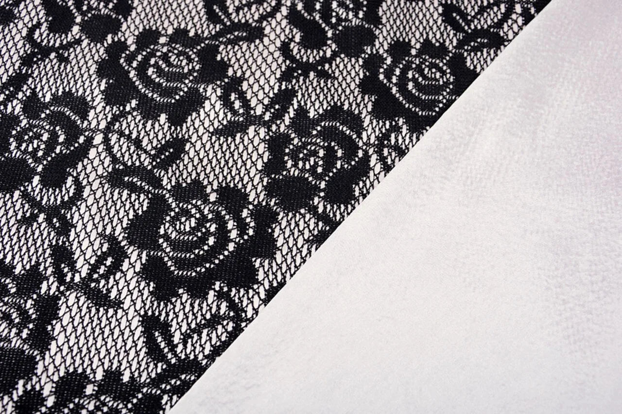 Image with lace fabric - black with white satin lining 155 g/m² – available at Šarlotes audumi