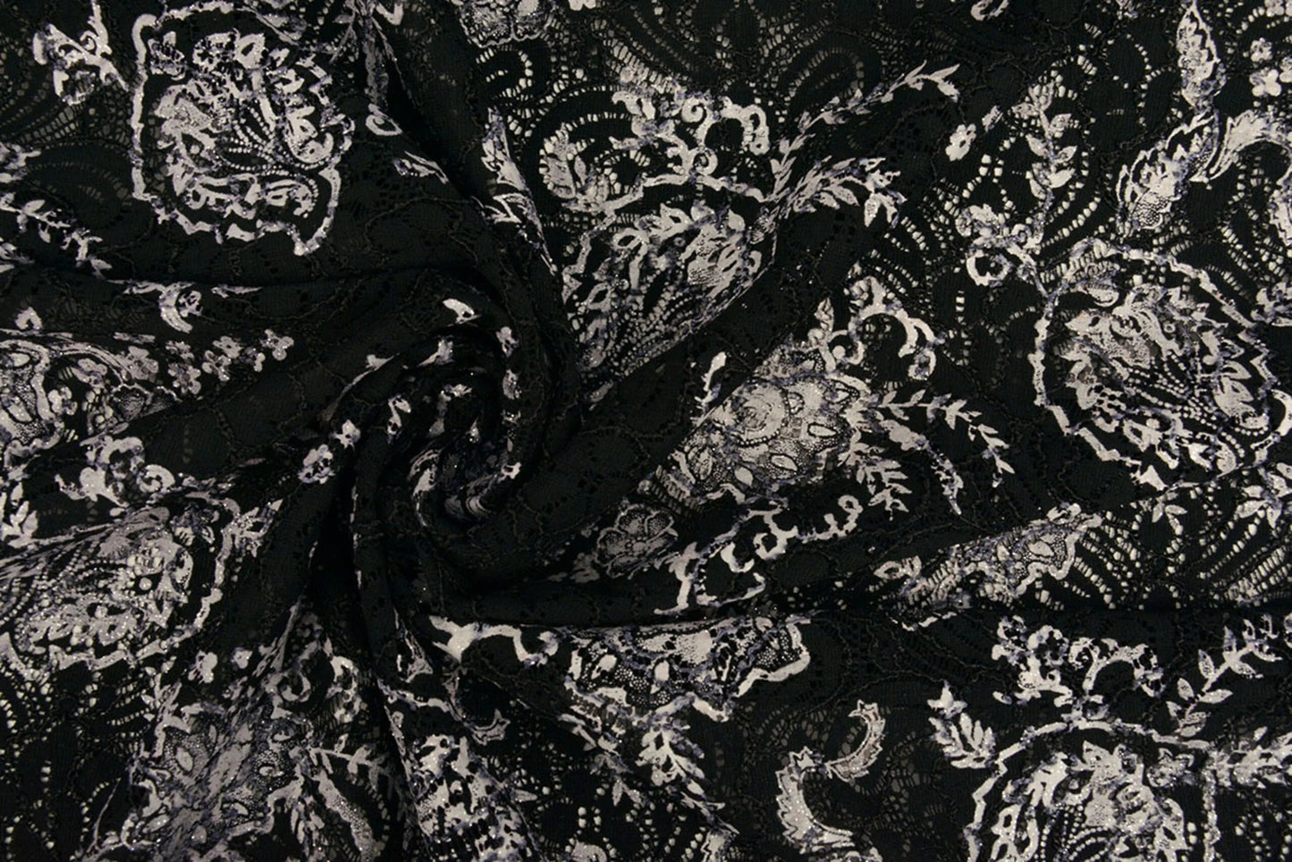 Image with lace fabric - black with silver 210 g/m² – available at Šarlotes audumi