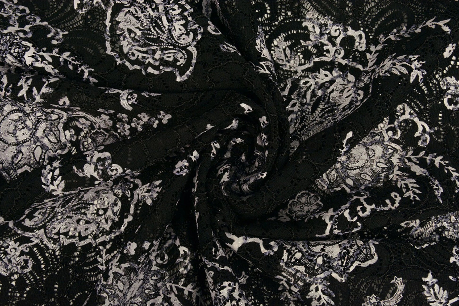 Image with lace fabric - black with silver 210 g/m² – available at Šarlotes audumi