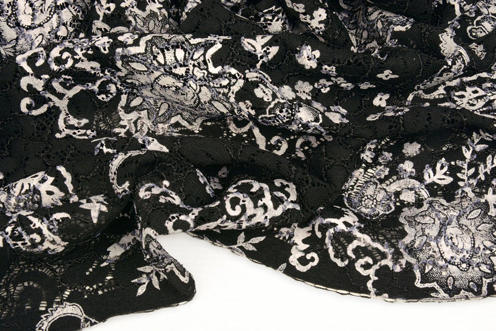 Image with lace fabric - black with silver 210 g/m² – available at Šarlotes audumi