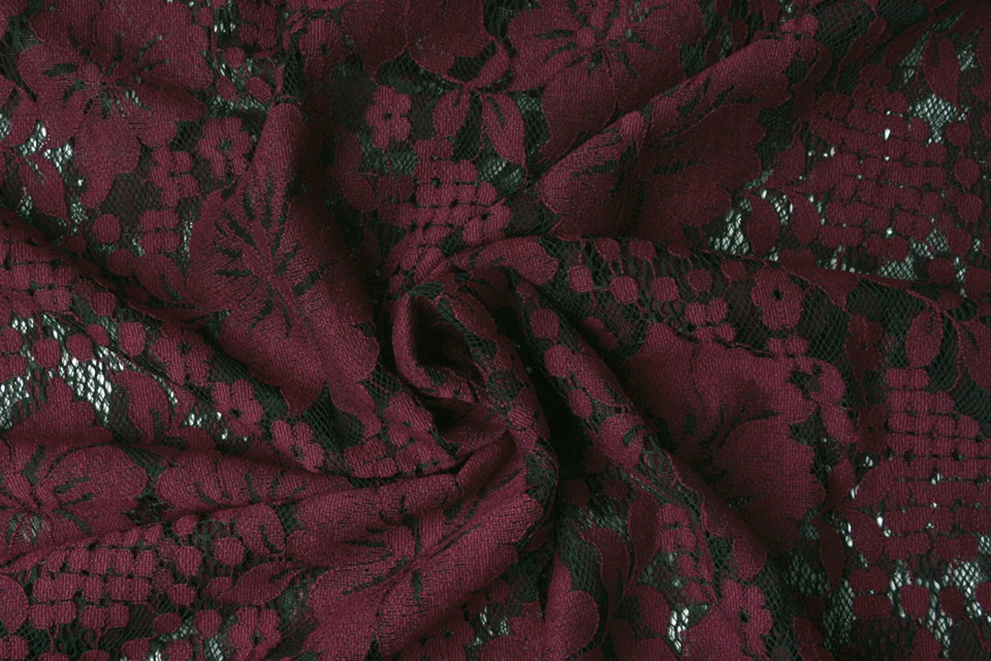 Image with lace fabric - dark red flowers 110 g/m² – available at Šarlotes audumi