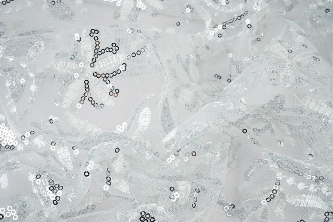 Image with lace fabric | Embroidered tulle with sequins 160 g/m² - silver – available at Šarlotes audumi