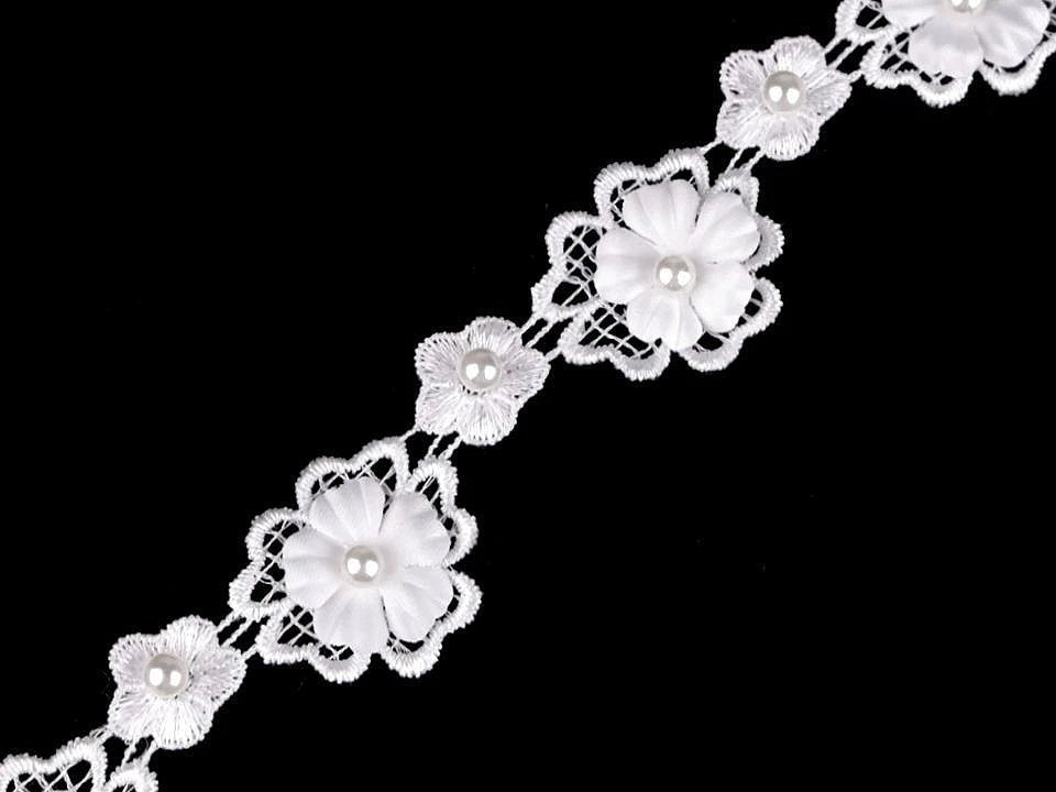 Image of lace ribbon with 3D flowers and a pearl 30 mm - white – available at Šarlotes audumi