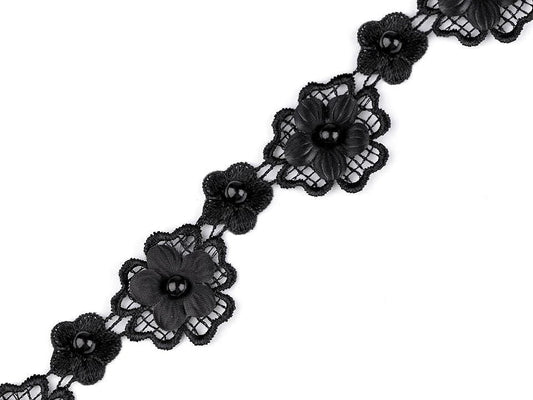 Image of lace ribbon with 3D flowers and a pearl, 30 mm - black – available at Šarlotes audumi
