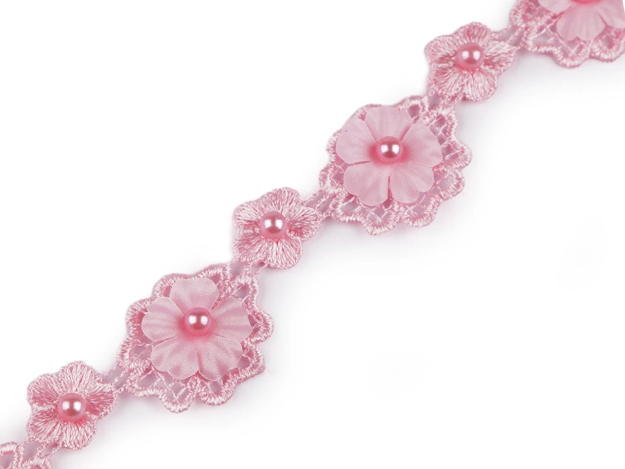 Image of lace ribbon with 3D flowers and a pearl bead, 30 mm - pink – available at Charlotte's Fabrics