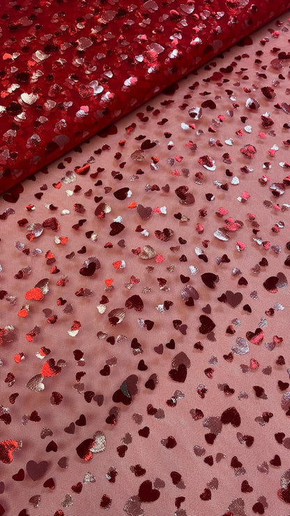 Image of soft tulle with red hearts – available online Šarlotes audumi