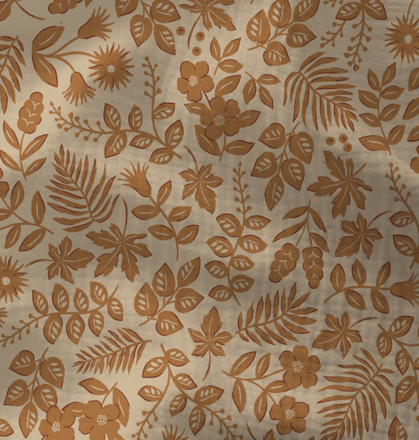 Image of Muslin - brown flowers on a beige background 130 g/m² – available at Šarlotes audumi