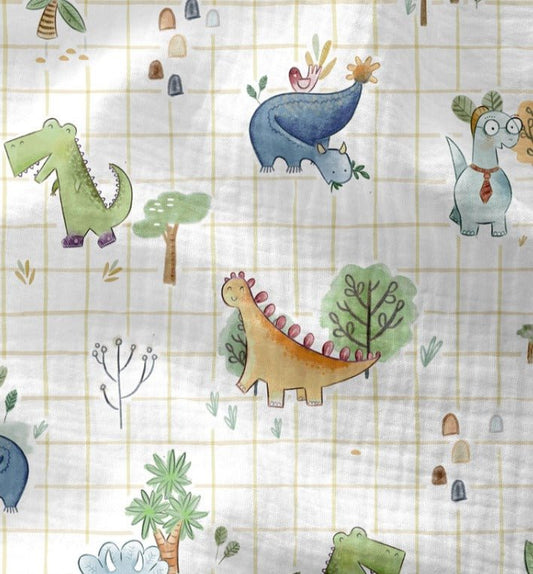 Attēls ar Muslīns - dinozauri rūtiņās 120 g/m² – pieejams Šarlotes audumi