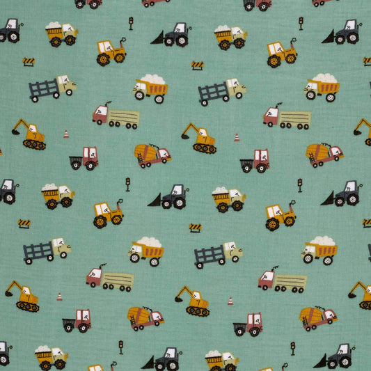 Image avec voitures et tracteurs en mousseline – disponible en ligne chez Šarlotes audumi