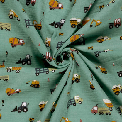 Image of muslin cars and tractors – available online at Charlotte Fabrics