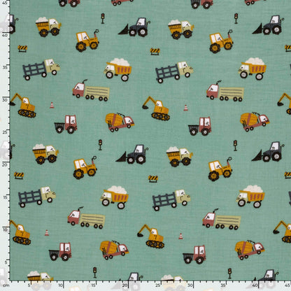 Image with muslin cars and tractors – available online at Šarlotes audumi