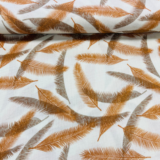 Image with Muslin - orange and gray feathers 140 g/m² – available at Charlotte's Fabrics